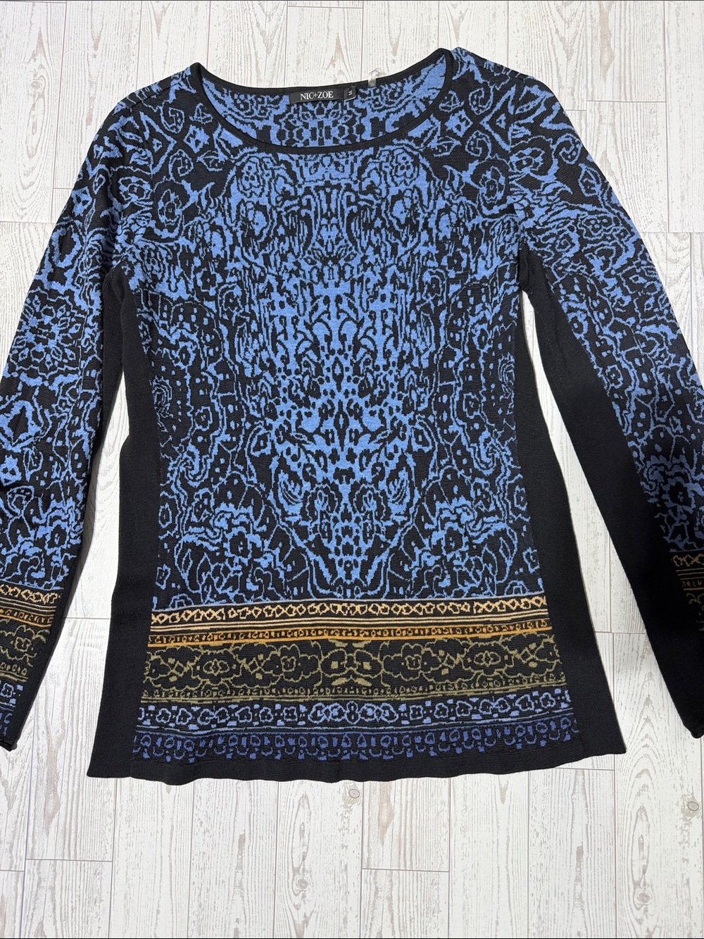 NIC+ZOE Black and Blue Patterned Long Sleeve Top with Gold Accent